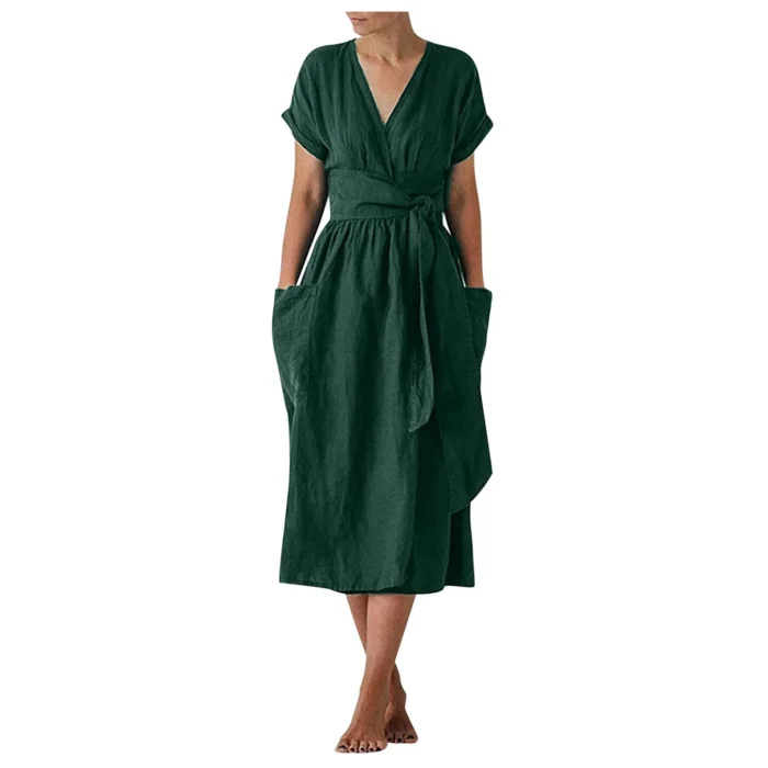 V-neck Dresses Casual Solid Mid-calf Dress Short Sleeve Dress Pocket Sashes Oversized Loose Vestidos Mujer Harajuku Sukienka