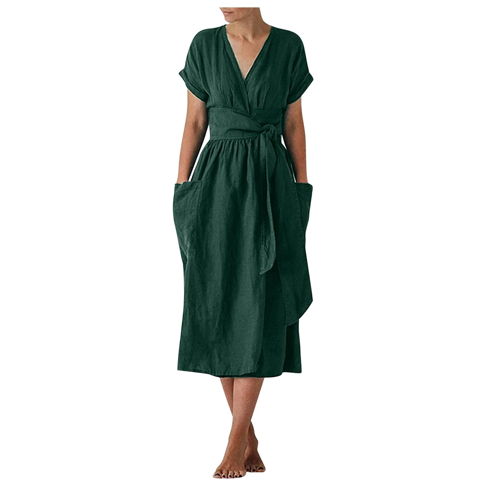 V-neck Dresses Casual Solid Mid-calf Dress Short Sleeve Dress Pocket Sashes Oversized Loose Vestidos Mujer Harajuku Sukienka