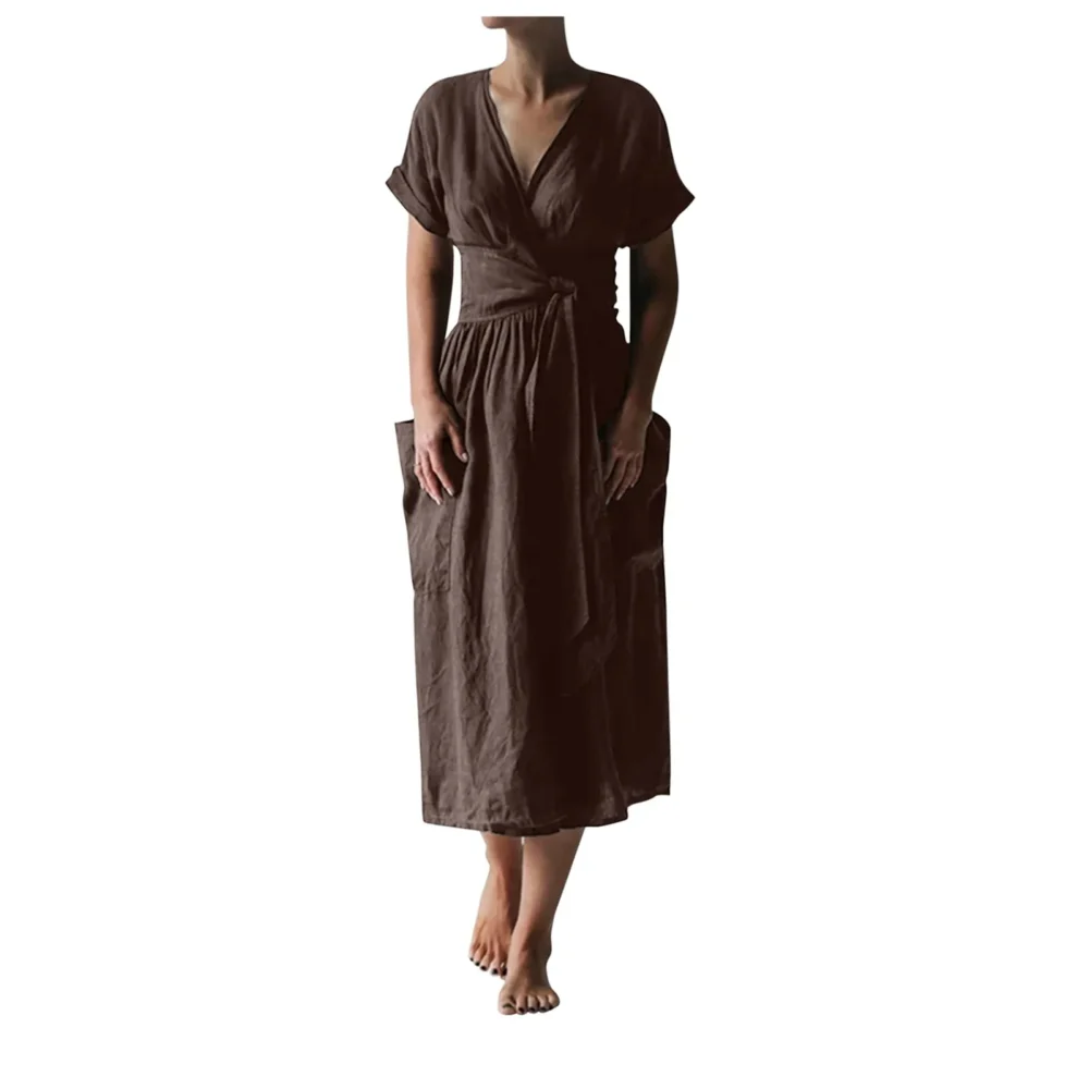 V-neck Dresses Casual Solid Mid-calf Dress Short Sleeve Dress Pocket Sashes Oversized Loose Vestidos Mujer Harajuku Sukienka - Image 2