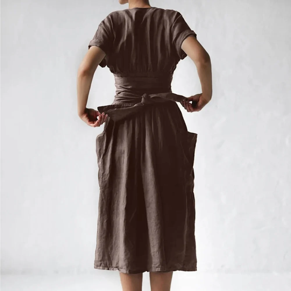 V-neck Dresses Casual Solid Mid-calf Dress Short Sleeve Dress Pocket Sashes Oversized Loose Vestidos Mujer Harajuku Sukienka - Image 5
