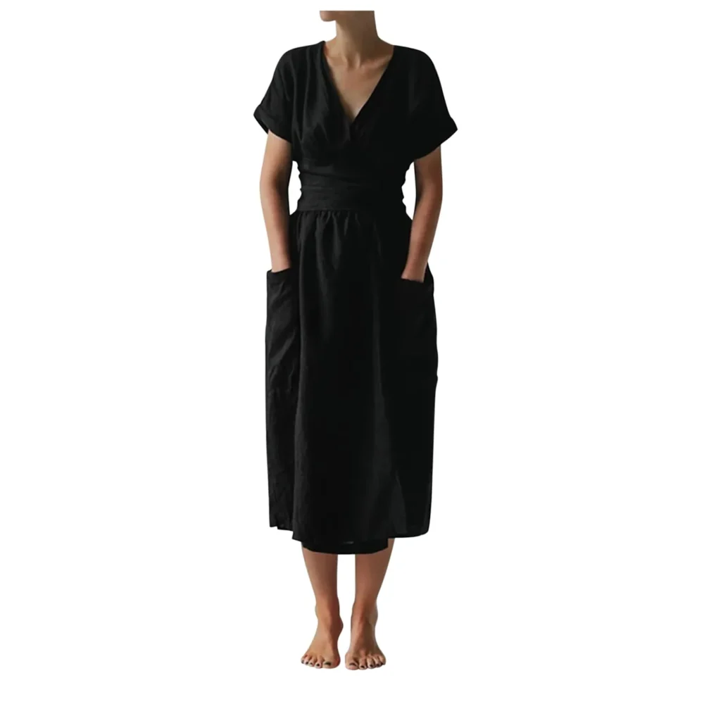 V-neck Dresses Casual Solid Mid-calf Dress Short Sleeve Dress Pocket Sashes Oversized Loose Vestidos Mujer Harajuku Sukienka - Image 3