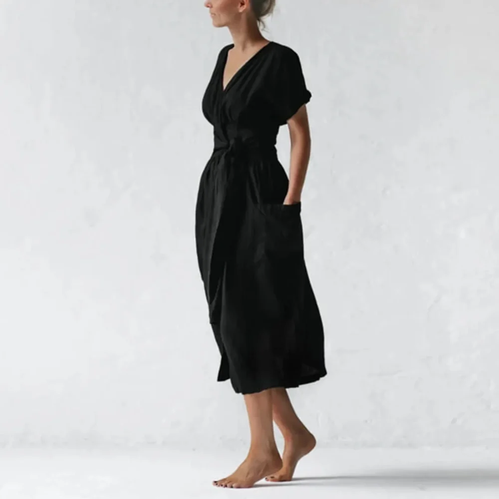 V-neck Dresses Casual Solid Mid-calf Dress Short Sleeve Dress Pocket Sashes Oversized Loose Vestidos Mujer Harajuku Sukienka - Image 4