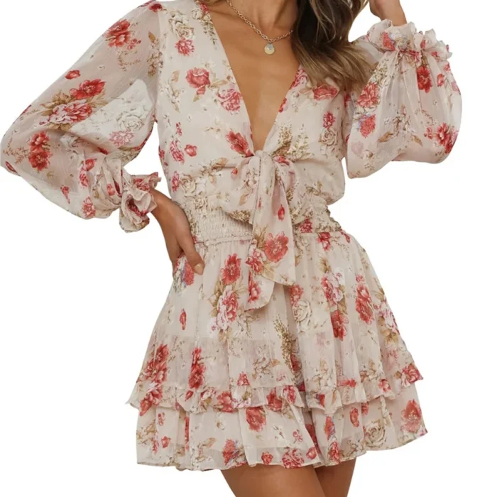 Women Spring Casual Mini Dress Floral Print Deep V-Neck Tie-Up Long Sleeve Sweet Dress Fashion Ruffles Dress