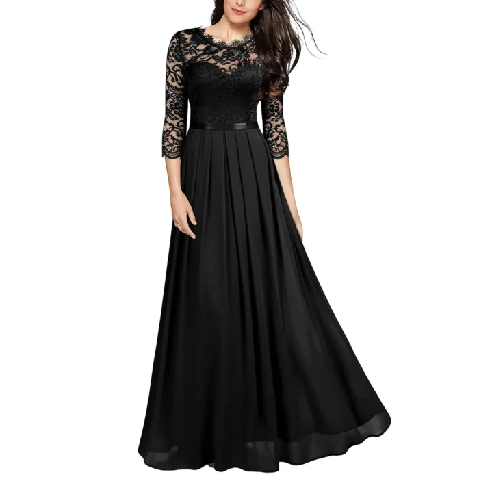 Women Wedding Dress Lace 3/4 Sleeve Large Swing High Waist A-Line Long Dress Female Vintage Solid Mesh Evening Party Dress