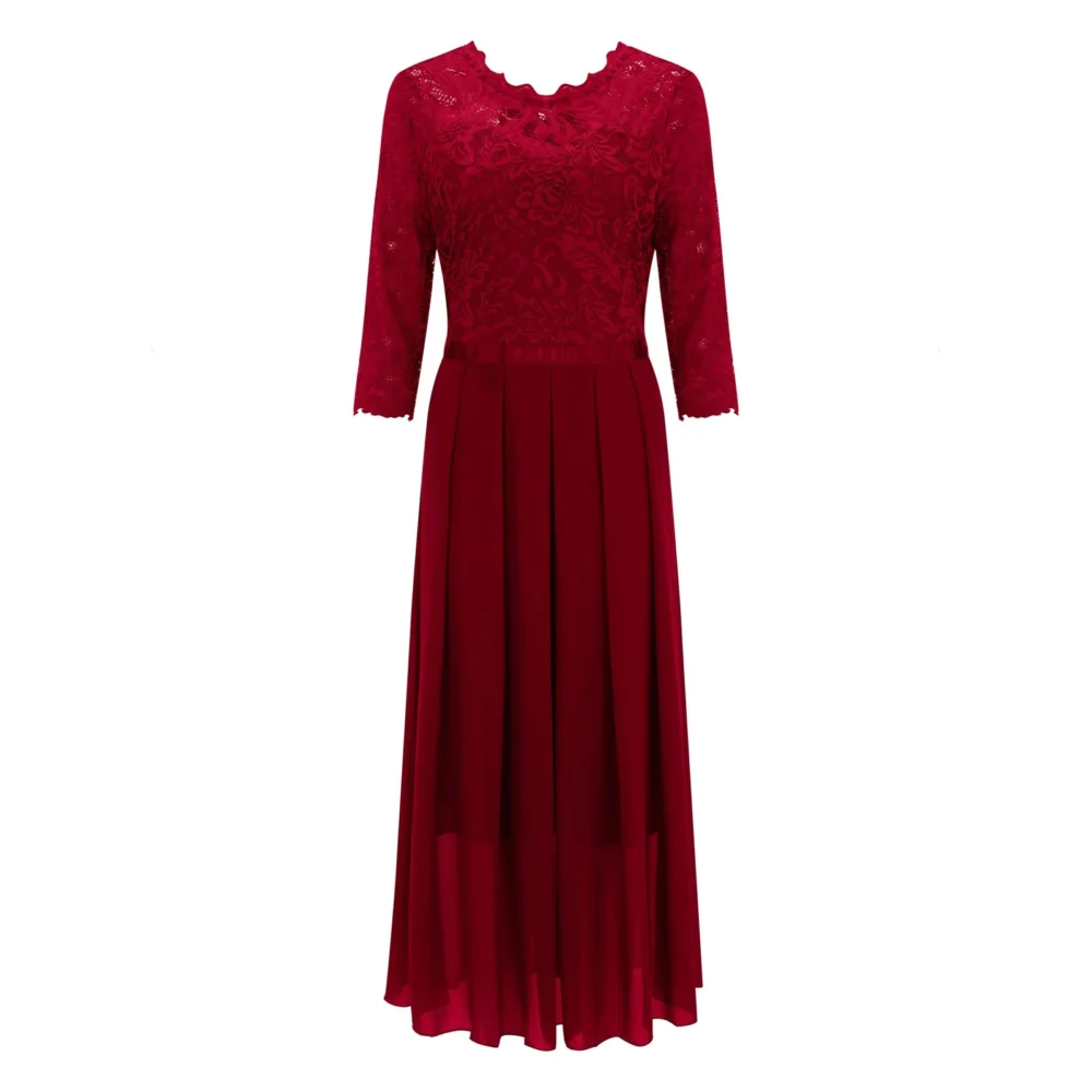 Women Wedding Dress Lace 3/4 Sleeve Large Swing High Waist A-Line Long Dress Female Vintage Solid Mesh Evening Party Dress - Image 3