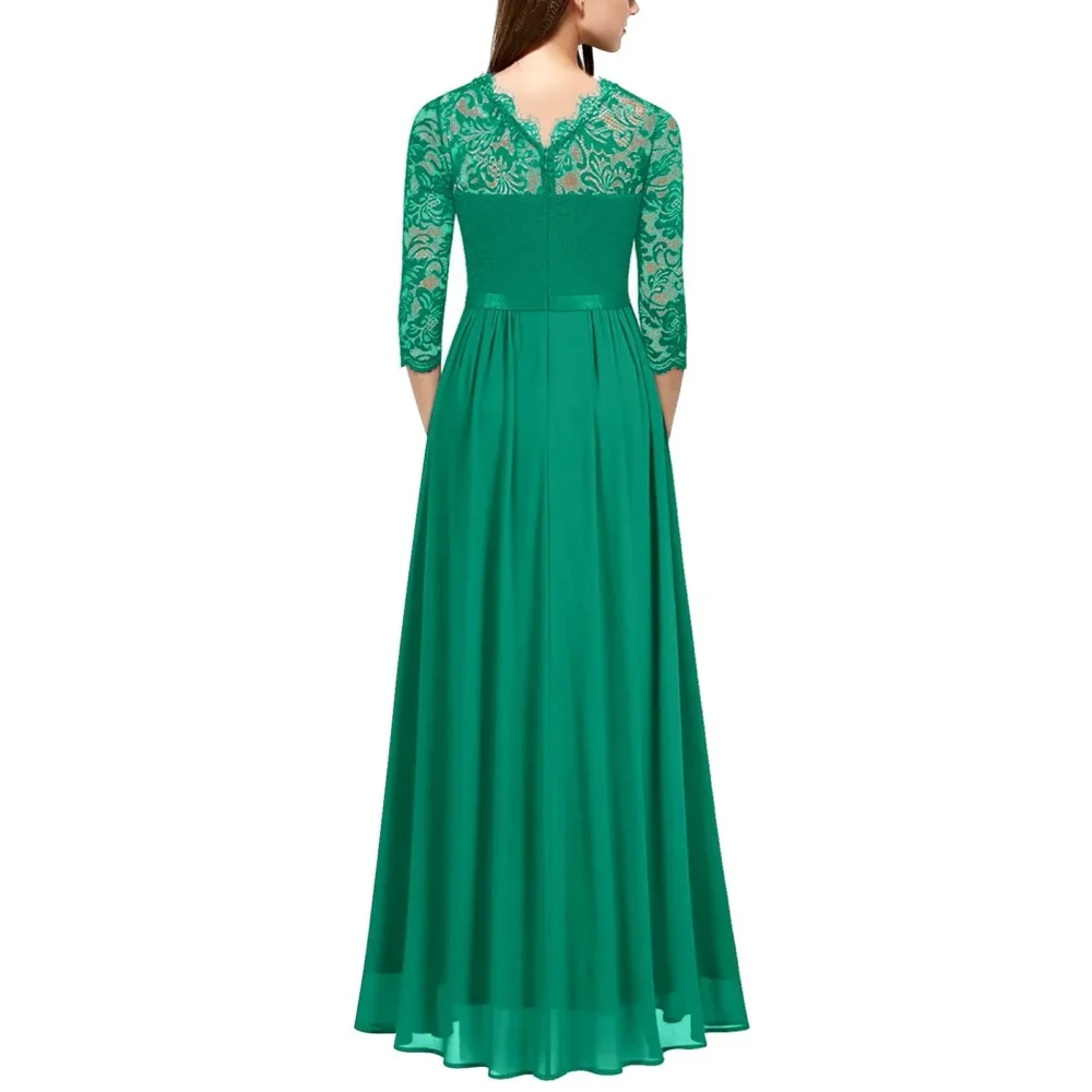 Women Wedding Dress Lace 3/4 Sleeve Large Swing High Waist A-Line Long Dress Female Vintage Solid Mesh Evening Party Dress - Image 2