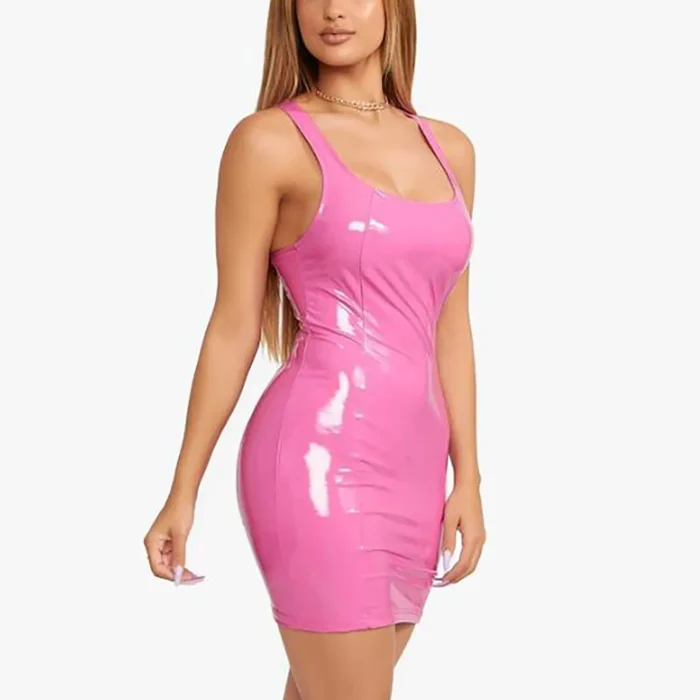 Women Sexy Pu Leather Party Night Club Costume Elegant Bodycon Sleeveless Mini Dress Ladies Summer Hip Wrapped Short Dresses
