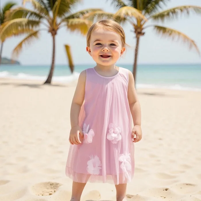 Adorable Baby Girl Sleeveless Dress with 3D Floral Applique Crew Neck A-Line Mesh Dress for Summer Outfits