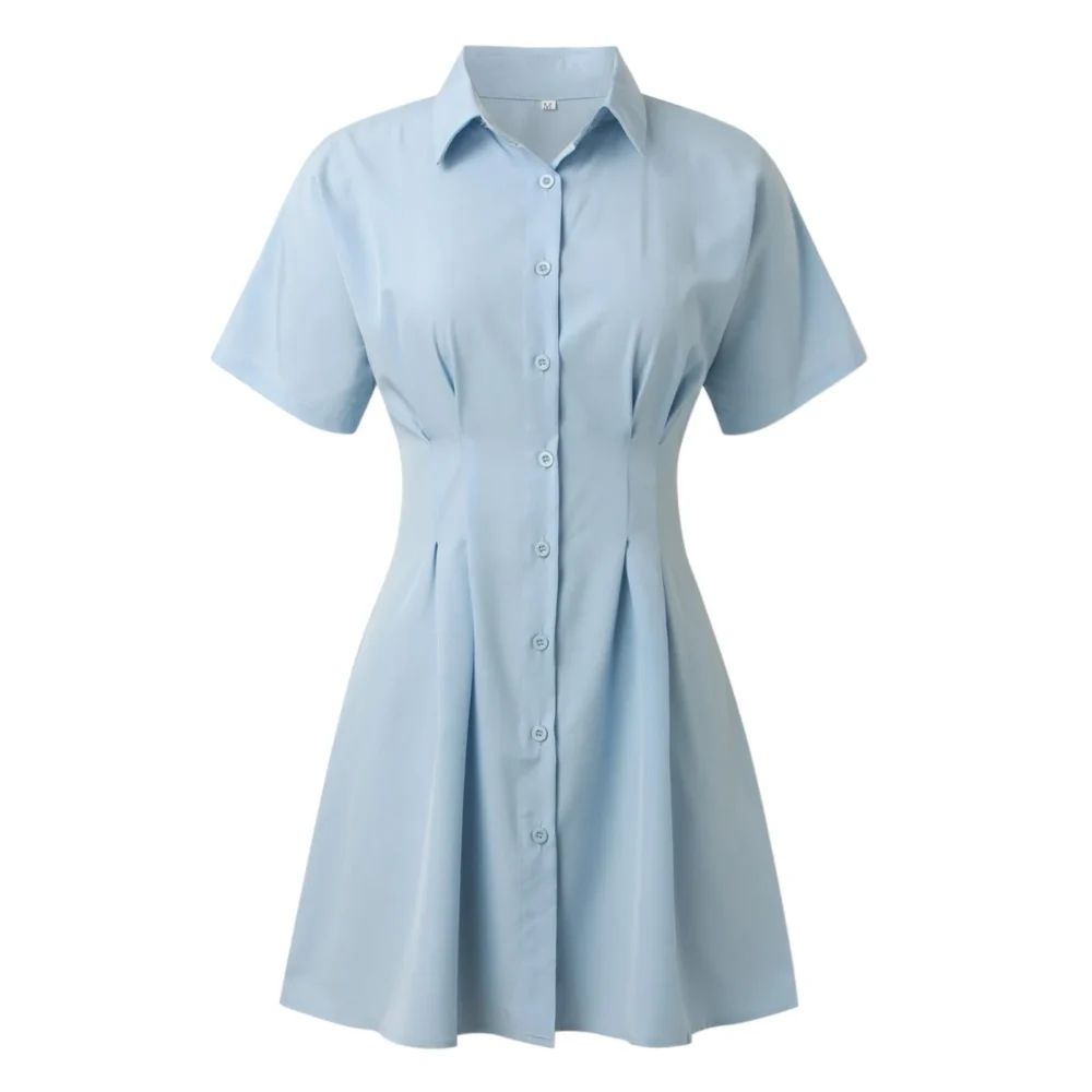 Summer Women's Mini Shirt Dress Pleated Waist Vestidos Button Down Short Sleeve Lapel Sundress Solid Casual Shirts Dresses 원피스 - Image 2