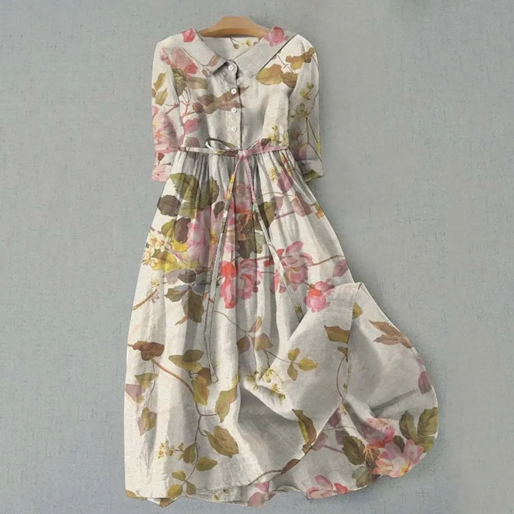 Elegant Dresses For Women Midi Dress Summer Half Sleeve Trendy A Line Dress V-Neck Short Sleeved Waist Cinched Floral Long Dress - Image 4