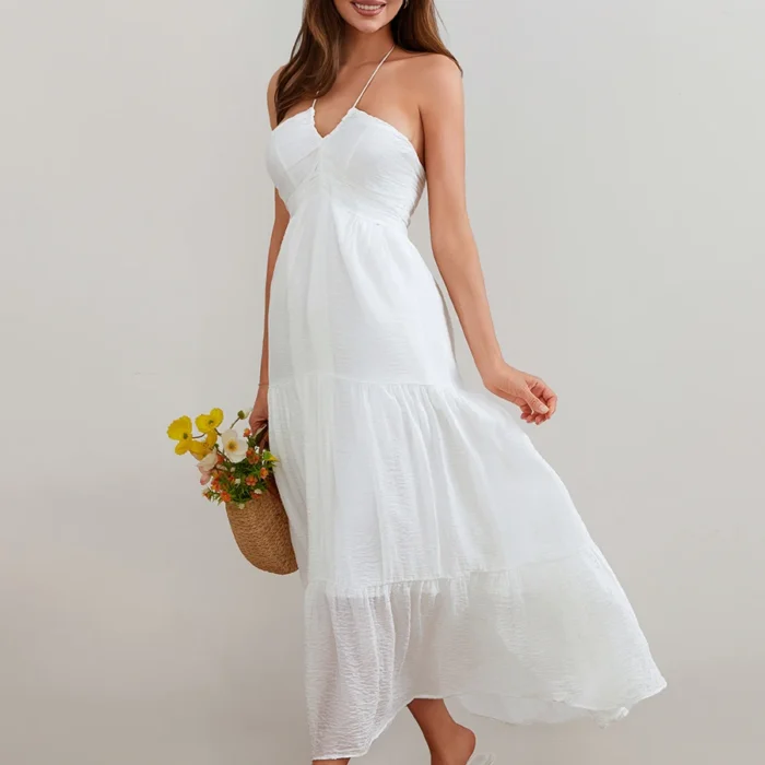 Elegant Sleeveless Maxi Dress with Halter Neckline and Backless Design Perfect for Summer Beach Parties and Casual Events