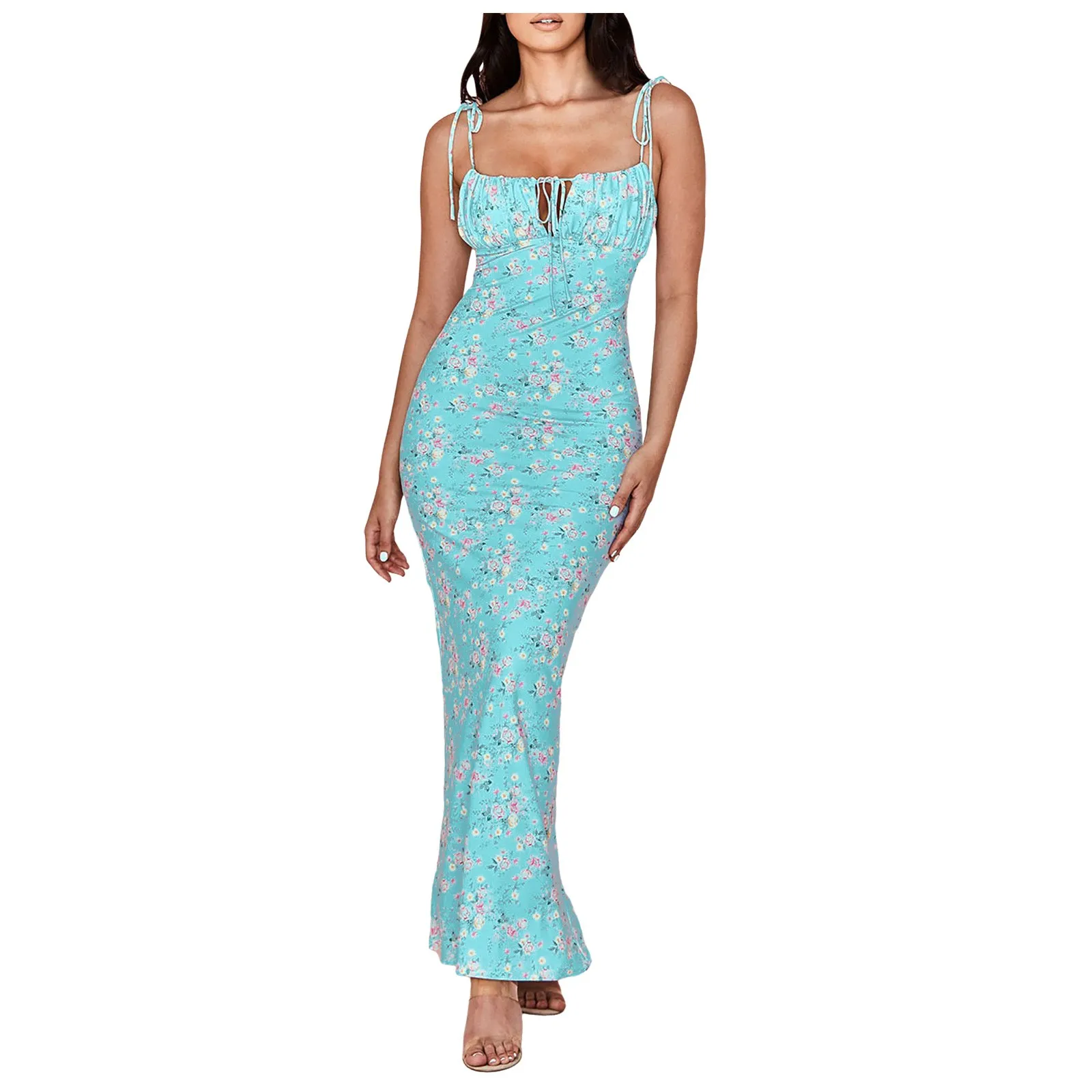 Summer Bodycon Maxi Dresses For Women Trendy Boho Floral Print Sundress Sleeveless Spaghetti Straps Vacation Beach Long Dress