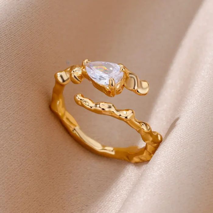 Water Drop Zircon Texture Rings For Women Gold Plated Stainless Steel Adjustable Ring 2023 Trend Wedding Aesthetic Jewelry Gift
