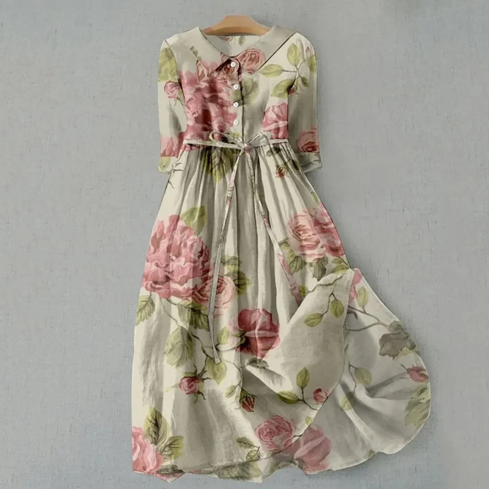 Elegant Dresses For Women Midi Dress Summer Half Sleeve Trendy A Line Dress V-Neck Short Sleeved Waist Cinched Floral Long Dress