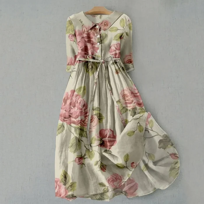 Elegant Dresses For Women Midi Dress Summer Half Sleeve Trendy A Line Dress V-Neck Short Sleeved Waist Cinched Floral Long Dress