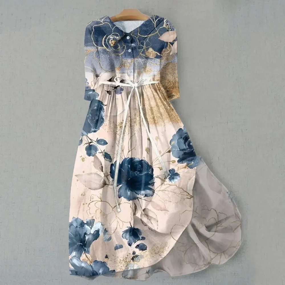 Elegant Dresses For Women Midi Dress Summer Half Sleeve Trendy A Line Dress V-Neck Short Sleeved Waist Cinched Floral Long Dress - Image 2