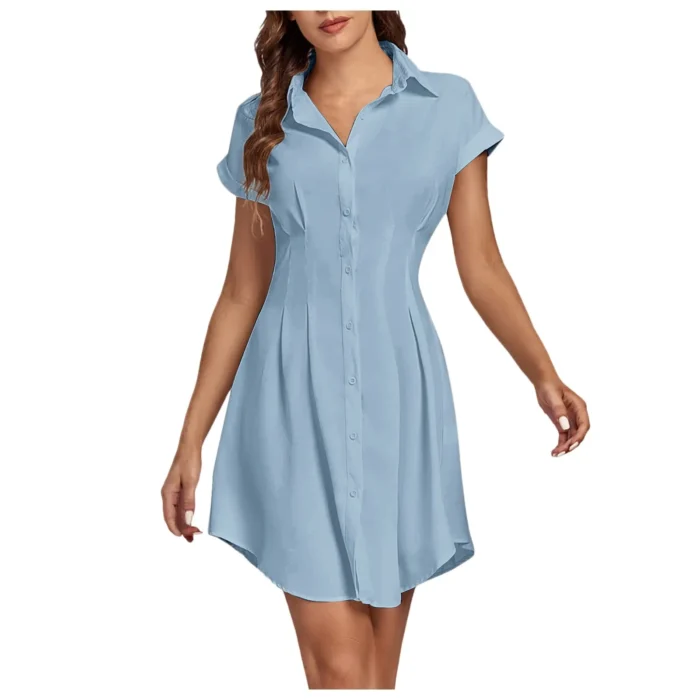 Summer Women's Mini Shirt Dress Pleated Waist Vestidos Button Down Short Sleeve Lapel Sundress Solid Casual Shirts Dresses 원피스