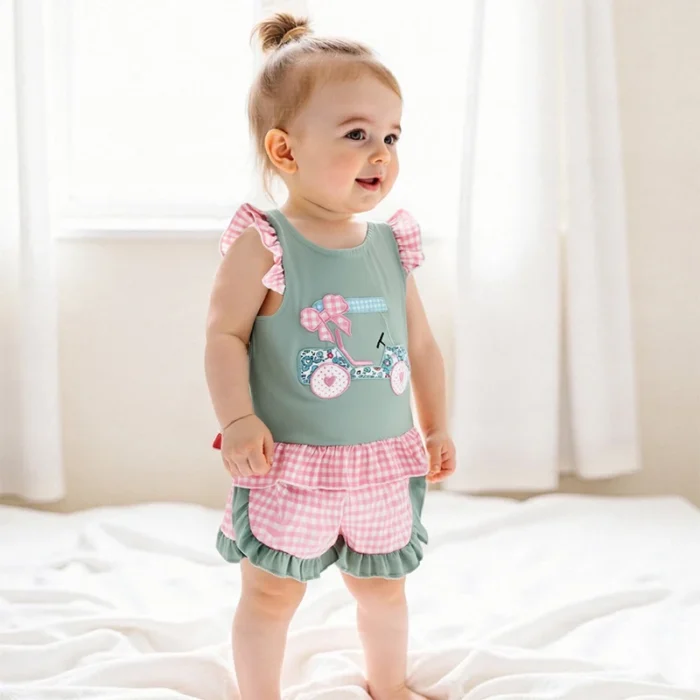 Adorable Infant Girl s Summer Ensemble Cute Golf Cart Embroidered Flutter Sleeve Top with Plaid Print Shorts 2-Piece Set