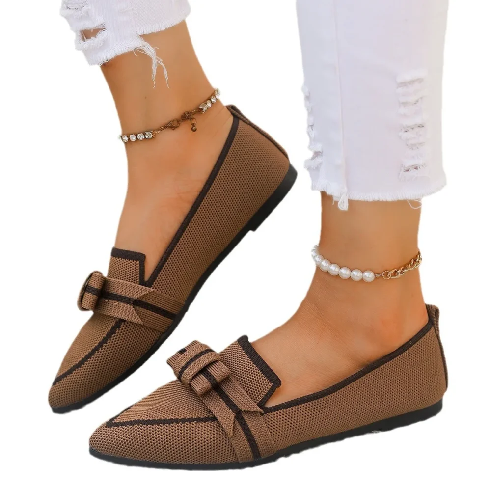 Women Flats 2024 New Knitted Slip Breathable Comfortable Solid Color Shoes Casual Pointed Toe Walking Loafers Sneakers Women - Image 2