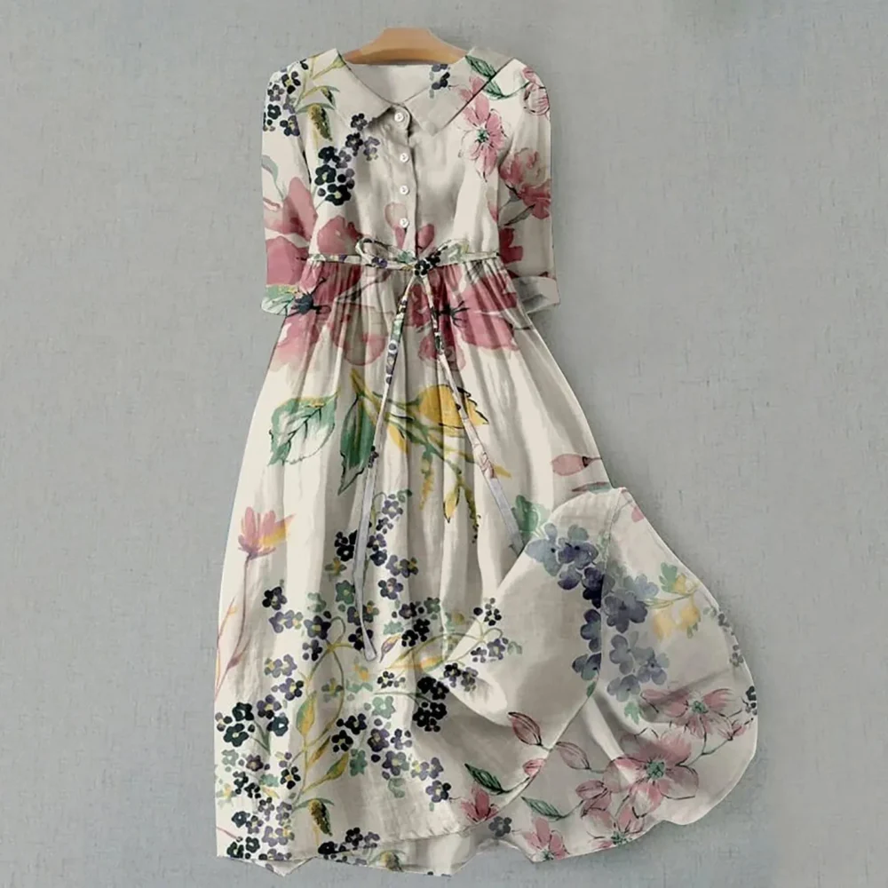 Elegant Dresses For Women Midi Dress Summer Half Sleeve Trendy A Line Dress V-Neck Short Sleeved Waist Cinched Floral Long Dress - Image 3