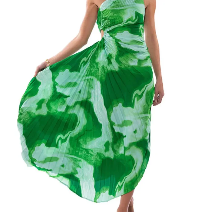 Women Long Dress Sleeveless One-shoulder Pleated Hollowed Tie-dye Print Summer Swing Dress Vacation Dress