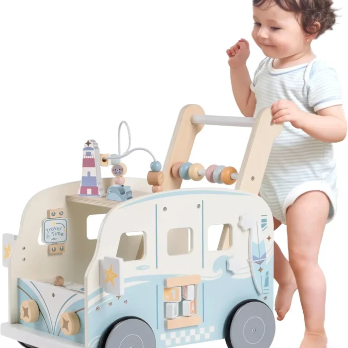 Robotime Robud Wooden Baby Walker Baby Push Along Activity Walkers with Wheels Multifunctional Baby Walker Gift for Boy Grils
