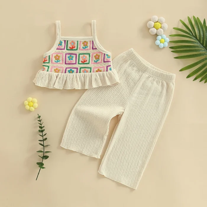 Adorable Infant Girl Floral Print Sleeveless Top and Wide-Leg Pants Set with Ruffled Straps for Summer Outfits